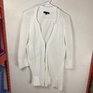 Banana Republic White Knit Sweater With Zip Front, Deep V Neckline Size M